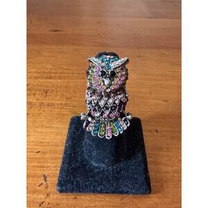 Owl Stretch Statement Ring Silver Tone Multicolor Rhinestone Bird Adjustable Fit